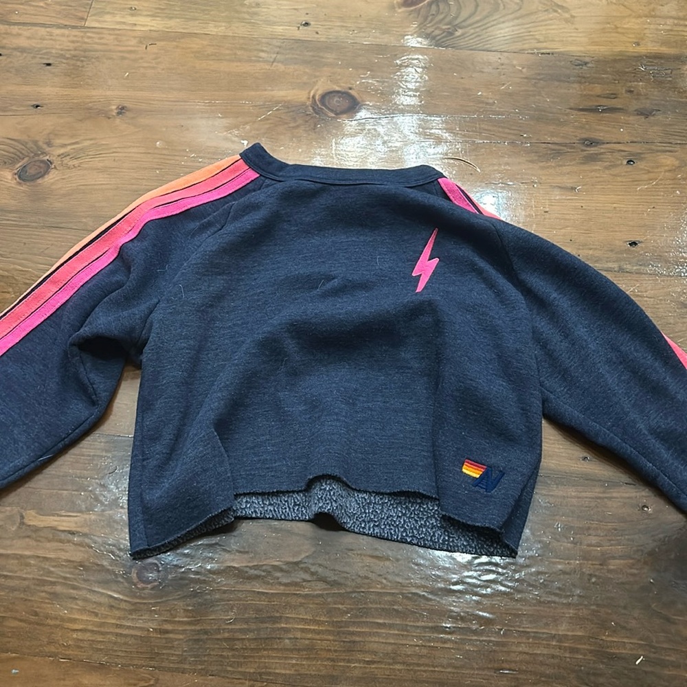 Heather, navy pink, lightning bolt neon side stripes aviator nation crewneck